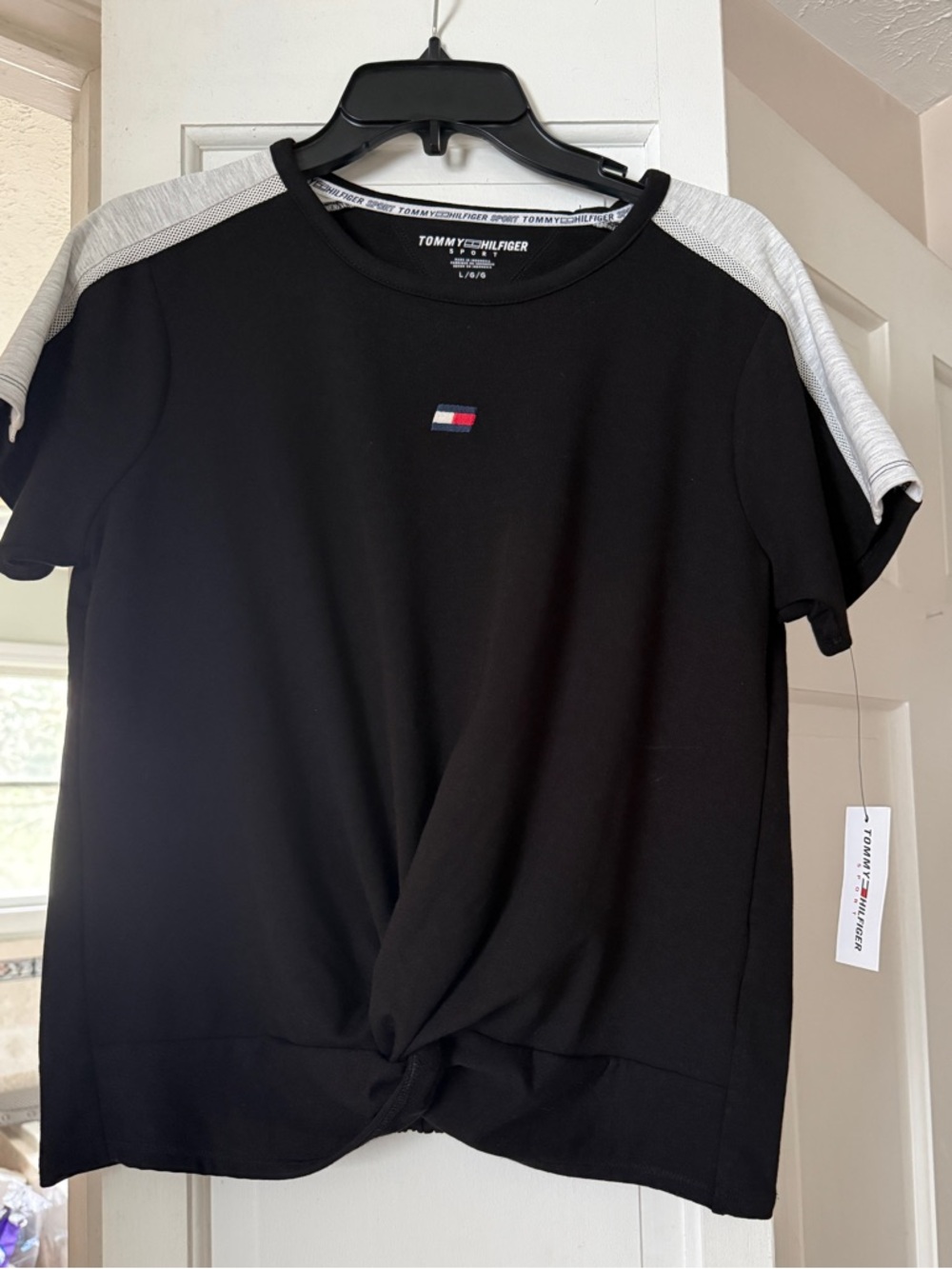Tommy Hilfiger Black Tee with White Shoulder Stripes and Flag Logo
